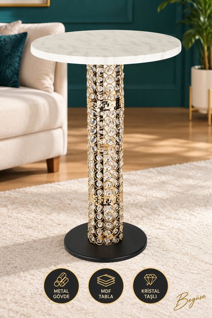 Astelia Gold Taşlı Sehpa Mermer Ahşap, Şık ve Zarif Tasarım, Dekoratif Salon Sehpası, Modern Ev Dekorasyonu ve Yan Sehpa