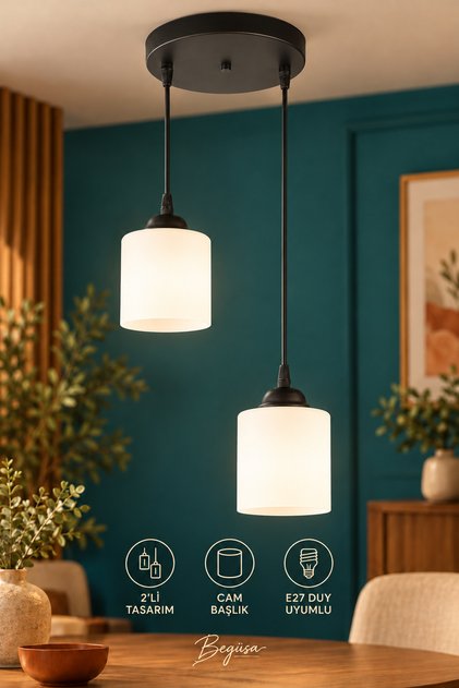Veresace 2.Li Camlı Avize Siyah, Minimalist Avize Tasarımı, Dekoratif İkili Aydınlatma, Salon ve Oturma Odası Dekorasyonu