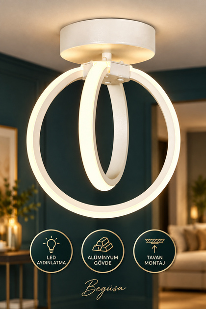 Sezen LED'li Tavan Montajlı Tekli Beyaz Avize, Modern Tavan Avizesi, Dekoratif Tavan Aydınlatma, Hol ve Koridor Avizesi, Antre Aydınlatması