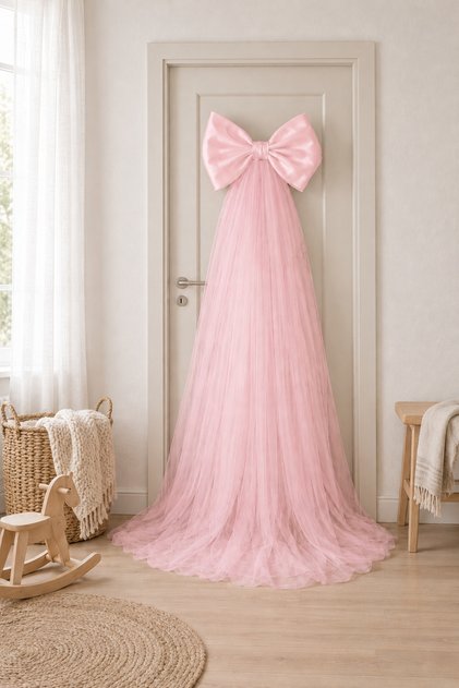 40*220 cm PEMBE saten ve kristal tül fiyonk bebek kapı süsü, baby shower, hastane kapı süsü