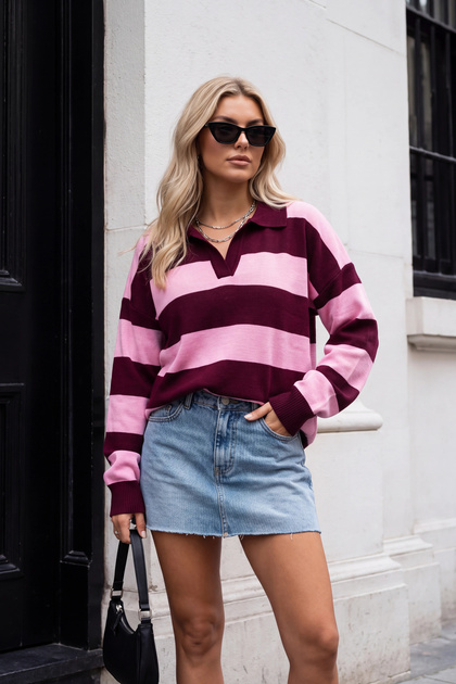 Women's Burgundy Pink Striped Polo Lapel Half Oversize Drop Shoulder Sweater Knitwear