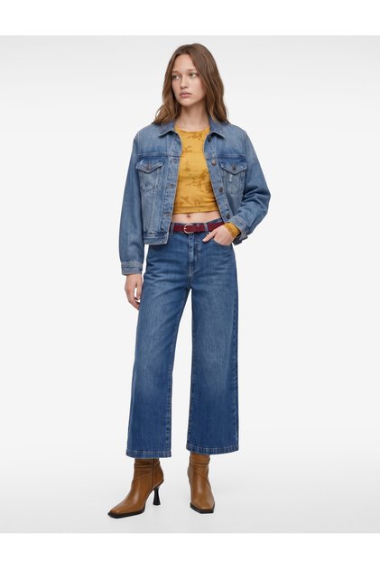 Belted and Pocketed Regular Waist Cotton Short Wide Leg Denim Trousers - Crop Wide Leg Jeans