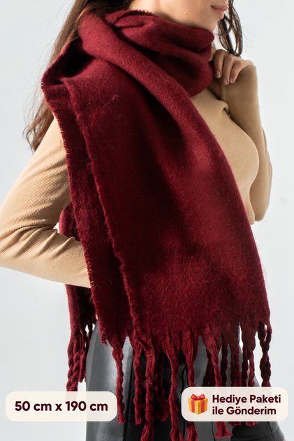 Puffy Burgundy Soft Textured Women's Scarf Shawl Shoulder Wrap 50X190 cm