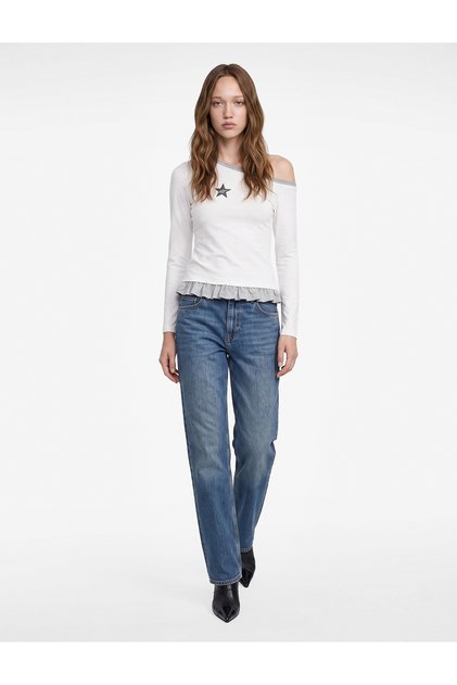 Slim Fit Embroidered Asymmetric Collar Layered Ruffle Long Sleeve Camisole T-Shirt