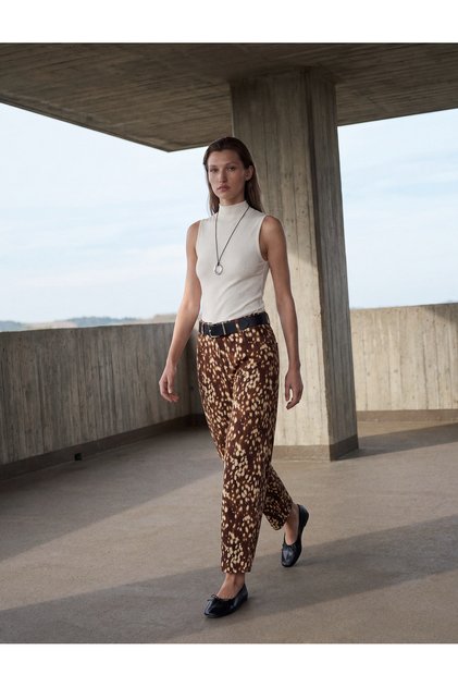 High Waist Pocketed Cotton Straight Leg Bambi Patterned Trousers
