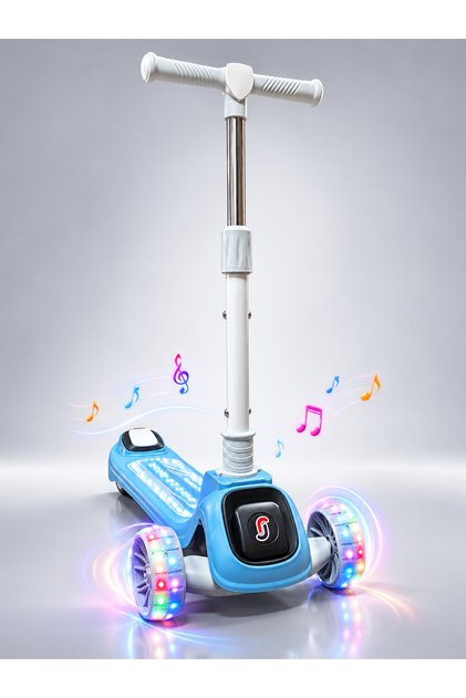Maxpro Scooter with Music and Lights, 3-Wheel Foldable, Ages 3+, 3-Level Steering Adjustment