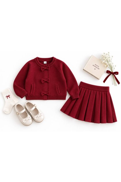 Girl's Burgundy Color Bow Detailed Knitwear Top and Skirt Set