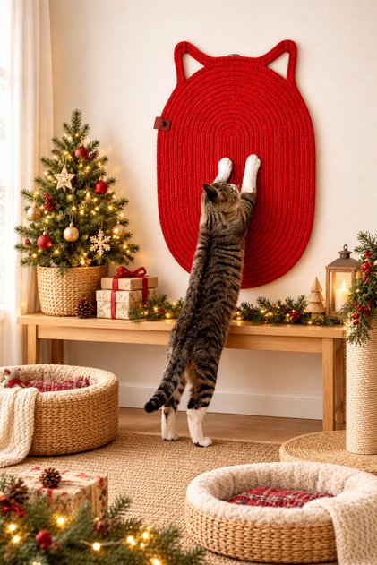 100% Organic Red Thread Sewn Cat Scratching Mat | Natural, Non-Disassemblable, Pet-Friendly