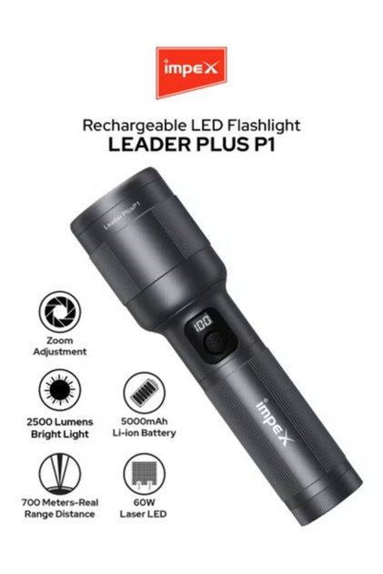 Digital Zoomable LED Flashlight | 60W | 2500 Lumens | 700m Range | Type-C | IPX5