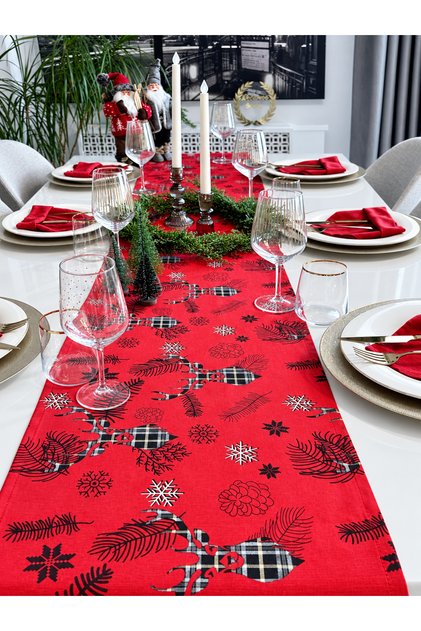 New Year's Deer Themed Red Runner Christmas (Napkins Not Included)
