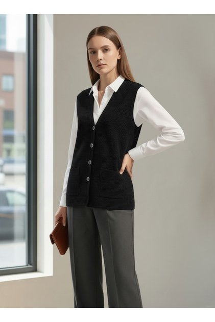 Kisa Muska Patterned Vest with Pockets and Buttons, Large Size Vest