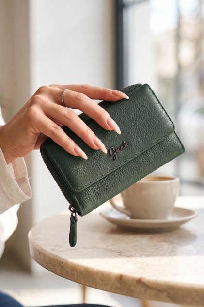 2754 Siyah detay Hakiki deri Kadın cüzdan kartlık clutch YEŞİL