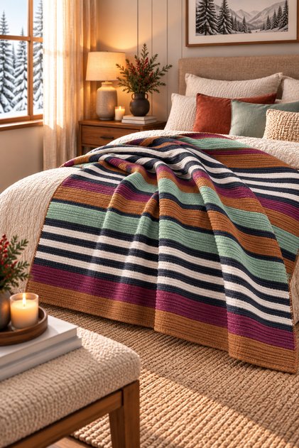Striped Patterned Tasseled Double Blanket Mint Plum 180X220 cm