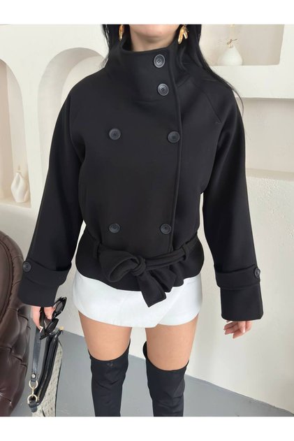 High Collar Buttoned Belted Cashmere Jacket