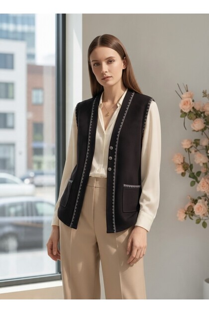 Short Knitted Patterned Vest with Pockets and Buttons, Plus Size Vest
