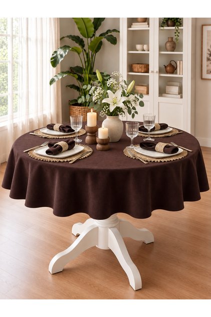 Pearl Velvet Textured Stain-Resistant Bitter Brown Round Tablecloth (Napkins Not Included)