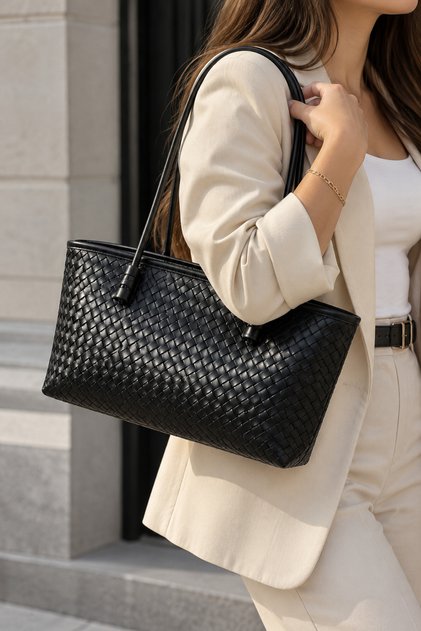Women's Black Knitted Patterned Large Shoulder Bag – Daily Use Tote Bag