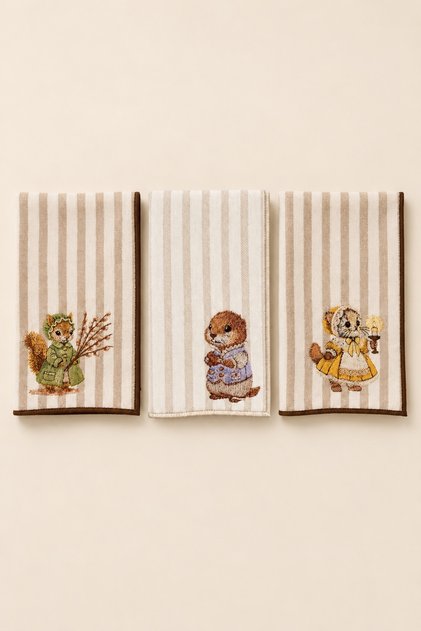 Vintage Embroidered Decorative Hand Towel Set of Three – 100% Cotton, Striped Linen Texture (30×45)