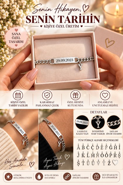 Kararmaz Çelik 1 Li Bileklik Unisex Sevgili Arkadaş Tarih isim Yazılır tarih yazılır