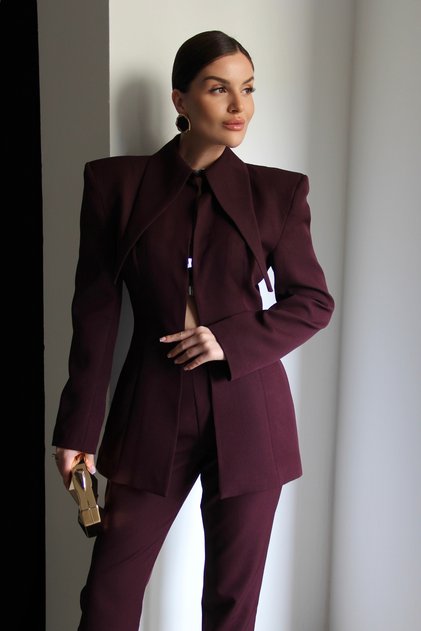 Plum Pointed Long Collar Slim Fit Jacket and Pants Design Set