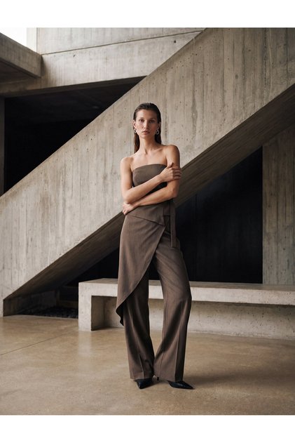 High Waist Double Breasted Pleated Wide Leg Trousers with Pocket Detail