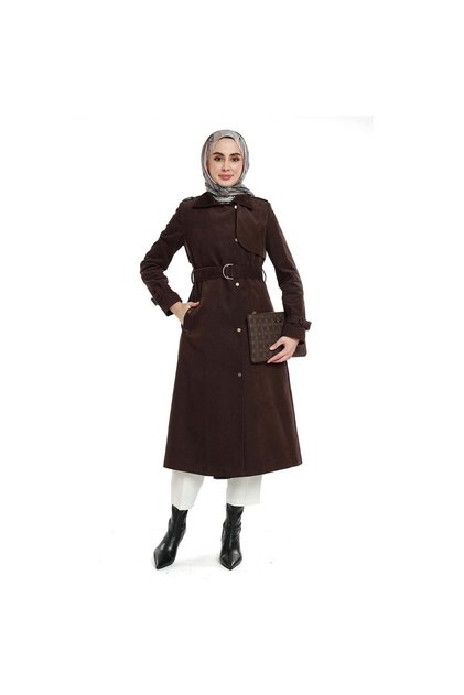 26K17583 TRENCHKOT KADİFE ÖNÜ ÇITÇIT KAPAMA KAHVE