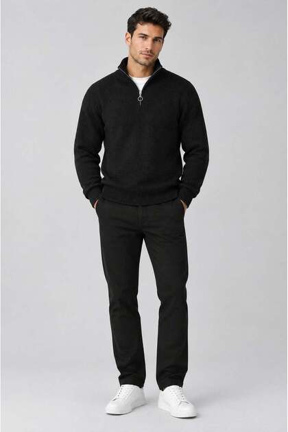 Men's Black Zippered Turtleneck Winter Knitwear Sweater