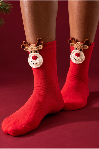 Women's Pompom Detailed Christmas Socks Red