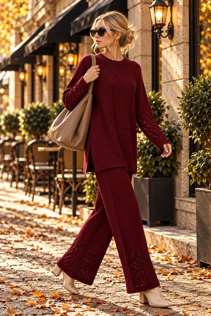 Women's Burgundy Knitted Openwork Patterned Long Tunic Sweater and Pants Top and Bottom Knitwear Set