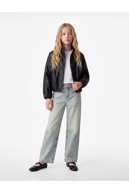Wide Leg Denim Trousers with Pocketed Heart Flower Embroidery and Stones - Wide Leg Jeans