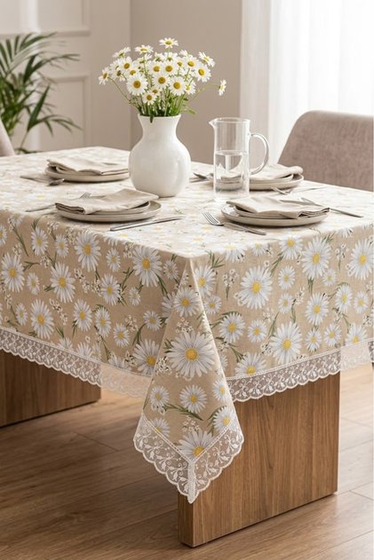 Luxury Daisy Patterned Tablecloth - Modern Design with Lace Trim Stain-Resistant Waterproof Stylish Table Cover for Balcony Garden Living Room