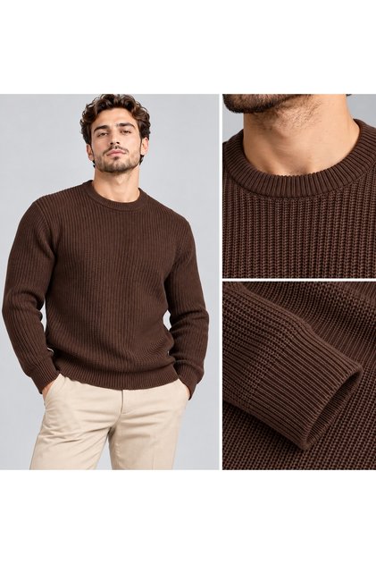 Brown Comfortable Ribbed Crew Neck Men's Knitwear Sweater
