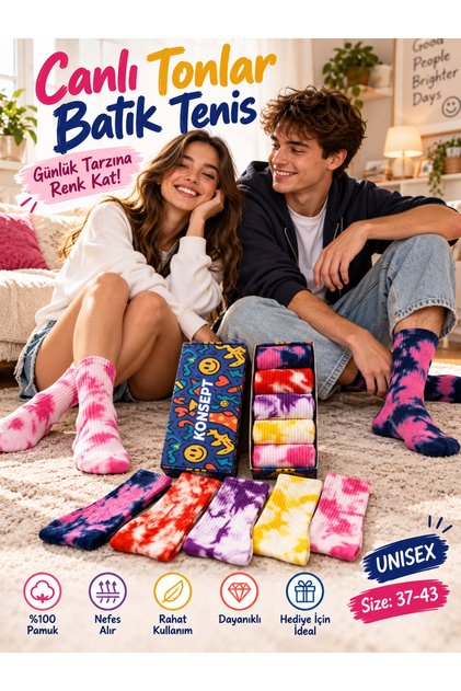 Canlı Tonlar Batik Desenli 5’li Kutulu Tenis Çorap Seti