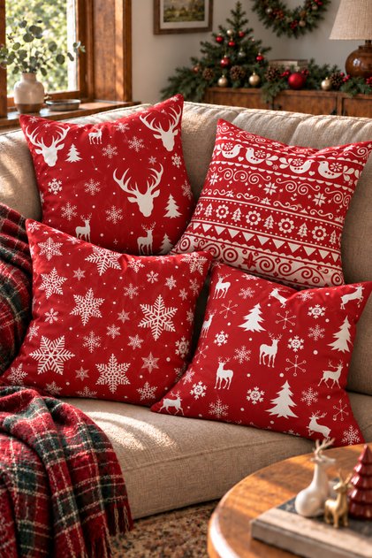 Happy New Year and the Reindeer Nordic Scarlet Red Background with White Reindeer and Snowflake Pattern Set of 4 Decorative Christmas Throw Pillow Covers