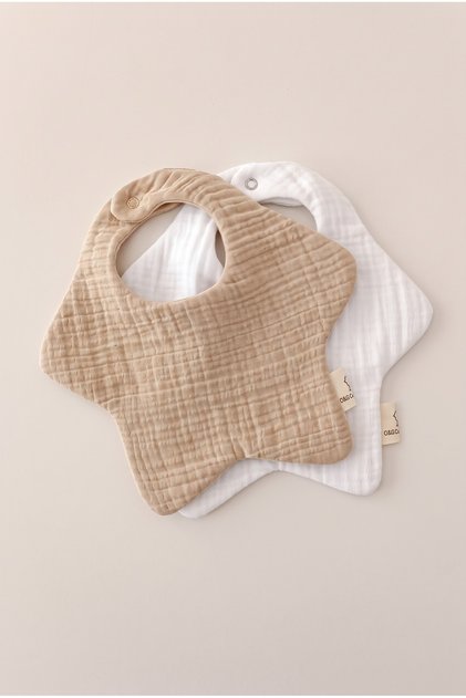 2-Piece Star Beige-Byz 100% Cotton Organic 8-Layer Muslin Baby Drool Bib / Baby Bib /Nickel Free