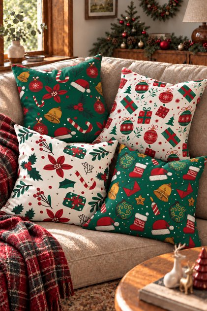 Happy New Year Green and White Christmas Gifts Patterned Set of 4 Digital Printed Throw Pillow Covers