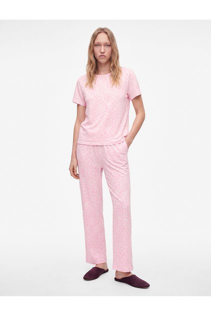 Relaxed Fit Leopard Print Crew Neck Short Sleeve Pajama Set