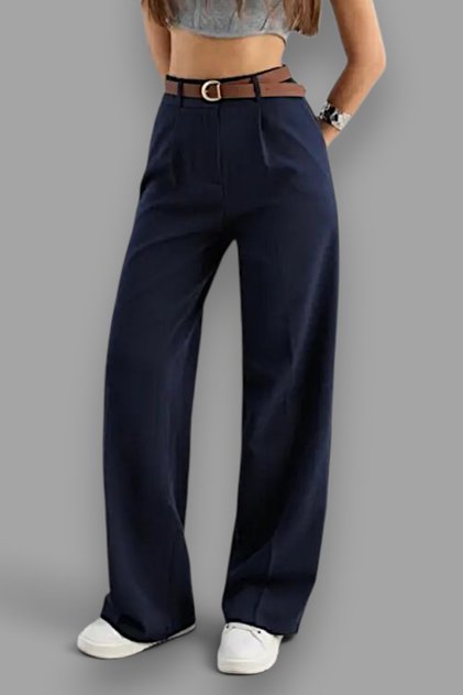 Women's High Waist Belt Detailed Elastic Waist Casual Palazzo Fabric Trousers [Belt Not Included]