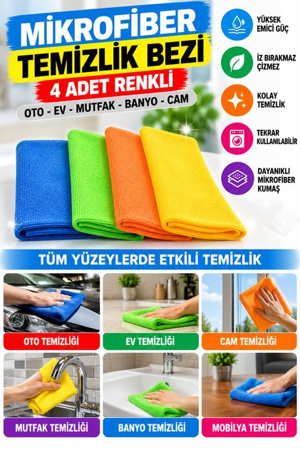 4 Adet Temizlik Bezi Mikrofiber Oto Araç Yıkama Silme Kurulama Parlatma Bezi Renkli