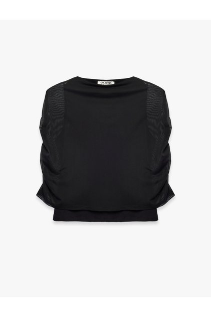 Slim Fit High Neck Sleeveless Tulle Detailed Blouse