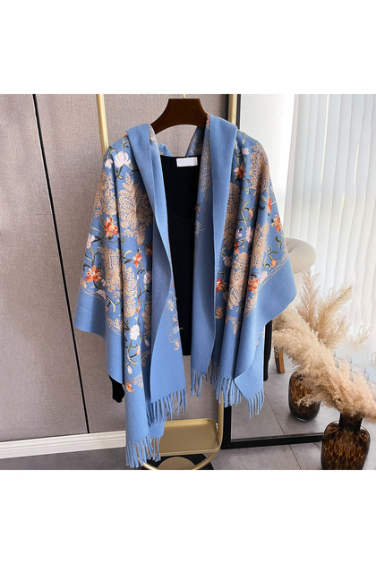 Blue Winter Fashion Warm Cashmere Scarf for Women Embroidery Pashmina Blanket Thick Shawl Wrap Necke