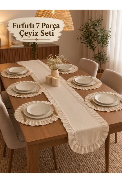 Fırfırlı Supla ve Runner 7 Parça Çeyiz Seti Amerikan Servis Sofra Sunum Seti 6'lı 38cm supla- 40x110cm Runner