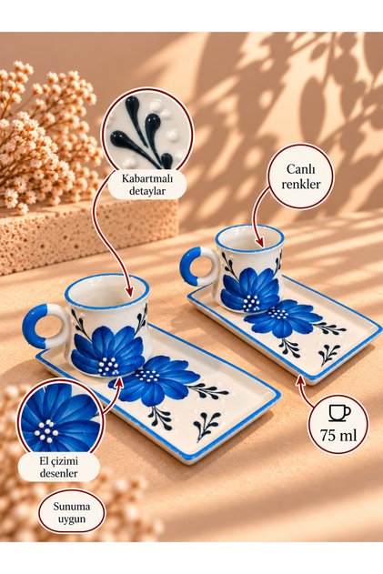 Navy Blue Floral Pattern Handmade Ceramic, Presentation Coffee Cup Set
