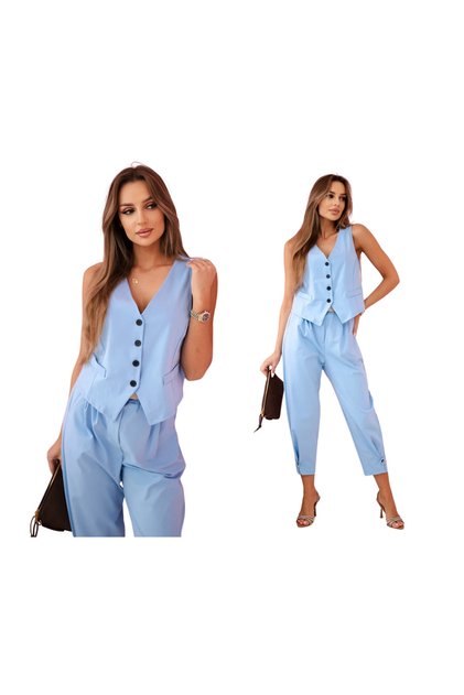 Set elegant albastru pentru femei: vestă cu nasturi + pantaloni