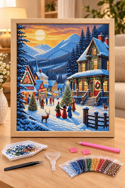 Diamond Painting Puzzle Kit, New Year in the Snowy Village 30X30 cm Mosaic