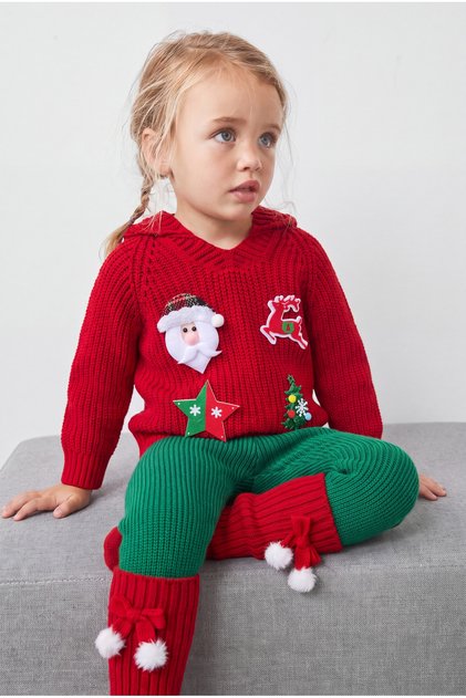Girl's 3-Piece Christmas Knitwear Set Hooded Sweater Leggings Leggings Red Green Set