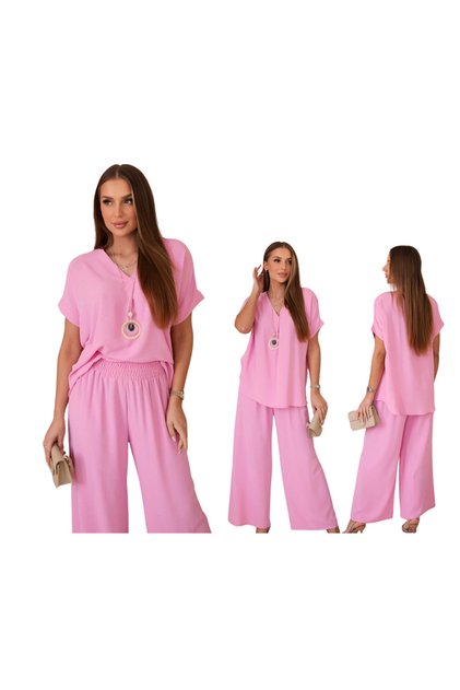 Set de damă roz deschis: bluză cu colier + pantaloni largi