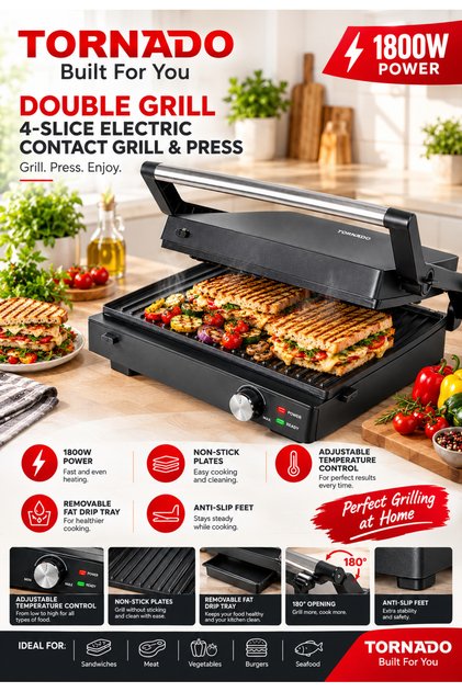 Electric Grill Non-Stick with Removable Drip Tray, 1800W, Plate Size 29×23cm, TGC5408-GS