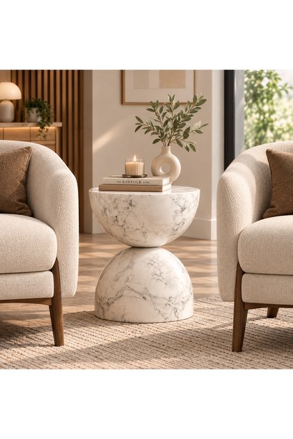 Round End Table Marble Look Side Table Modern Small Coffee Table for Living Room