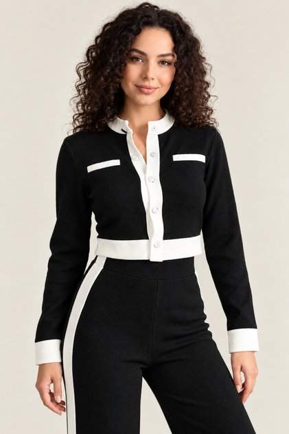 Paneled Stripe Detail Long Sleeve Crop-Pants Knitwear Cotton Women's Bottom-Top Set